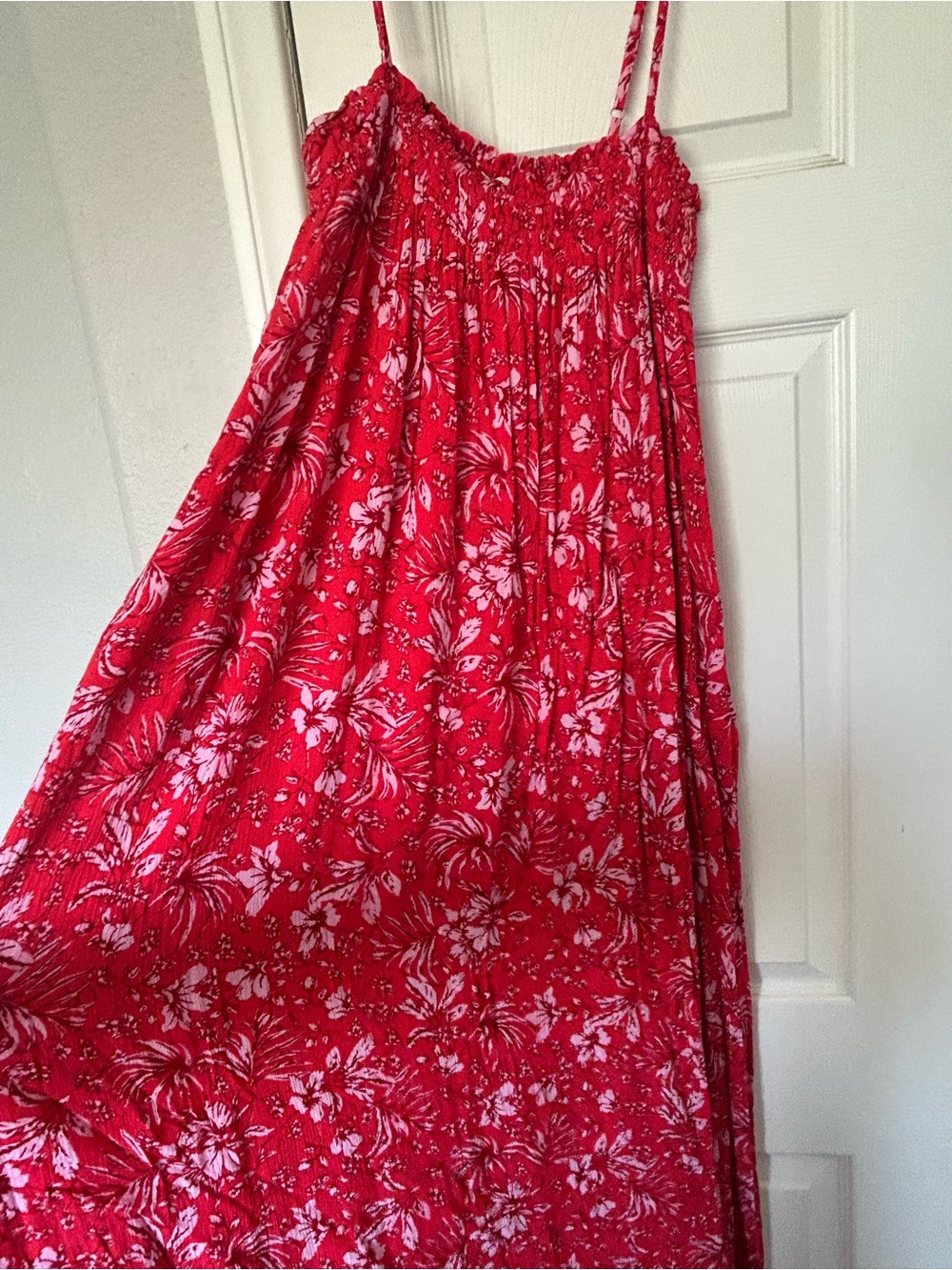 Main Strip Red Floral Smocked Maxi Dress-Skirt